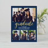 Blue Navy and Gold Script 4 photos Graduated Folieneinladung (Stehend vorne)