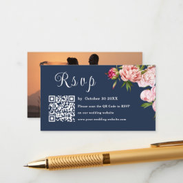 Blue Navy Blush Pink Foto UAwg QR Code Hochzeit Begleitkarte