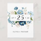 Blue Navy Elegant Niedlich Floral Ivory Save the D Einladungspostkarte (Vorderseite)