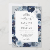 Blue & Navy Floral on Blue Gray Wedding Einladung (Vorderseite)