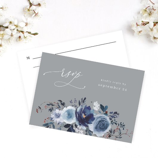 Blue & Navy Floral w Meal UAWG - Grau RSVP Karte