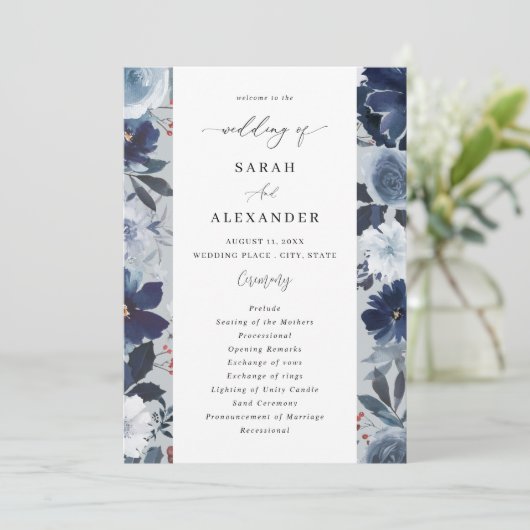 Blue & Navy Floral Wedding Program - Blue Gray Einladung (Stehend Vorderseite)