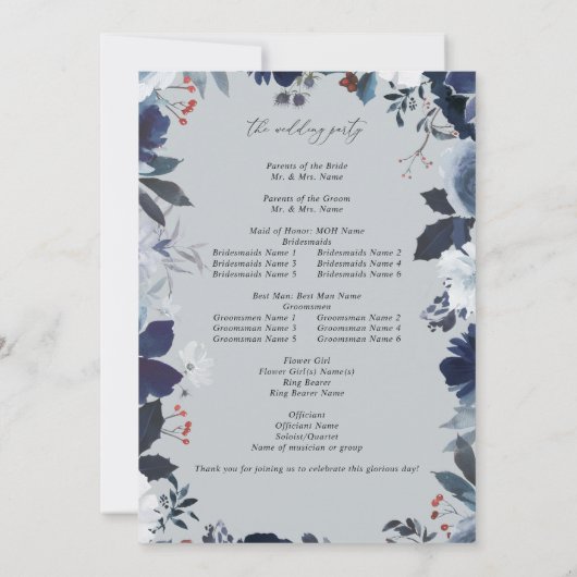 Blue & Navy Floral Wedding Program - Blue Gray Einladung (Rückseite)