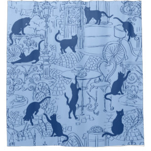 Blue Navy Französisch Cat Paris Café Duschvorhang