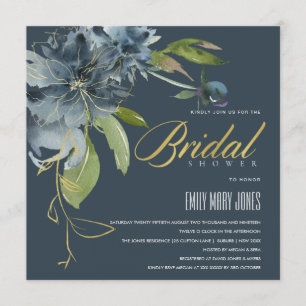 BLUE NAVY GOLD FLORAL BOHO BLOOMS BRAUTPARTY EINLADUNG