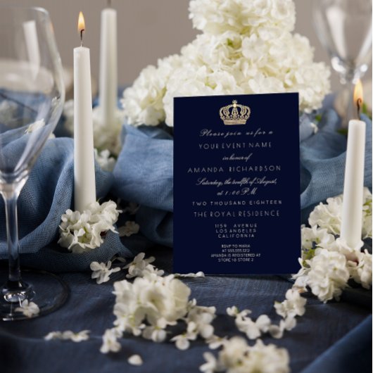 Blue Navy Golden Crown Royal Glitzer 16. Bridal Einladung