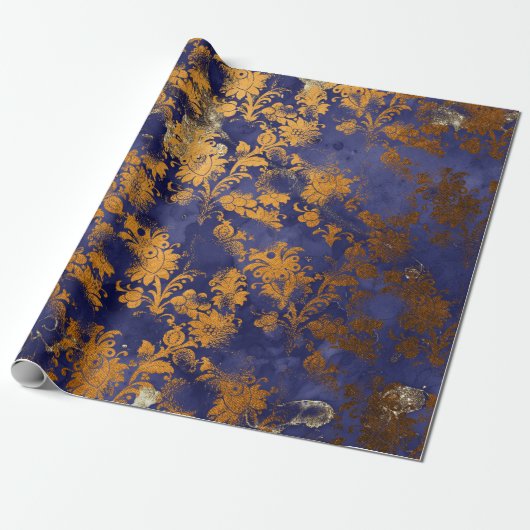 Blue Navy Honey Gold Floral Grungy Shabby Chic Geschenkpapier (Ungerollt)