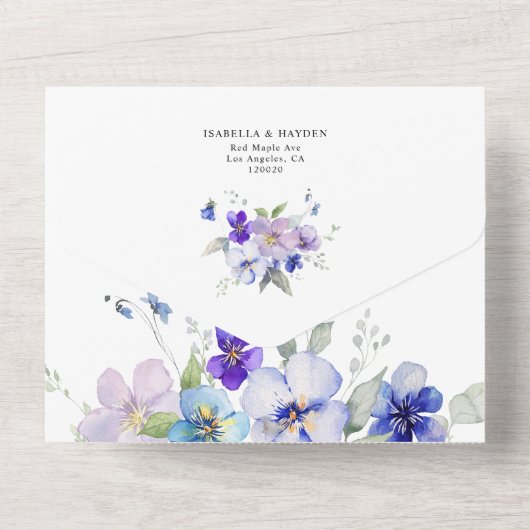 Blue Navy Lila Lavender Floral Wedding RSVP All In One Einladung (Rückseite)