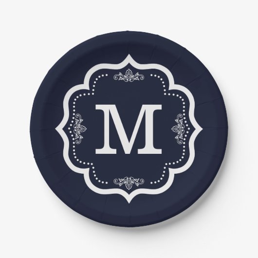 Blue Navy Monogram Pappteller (Vorderseite)