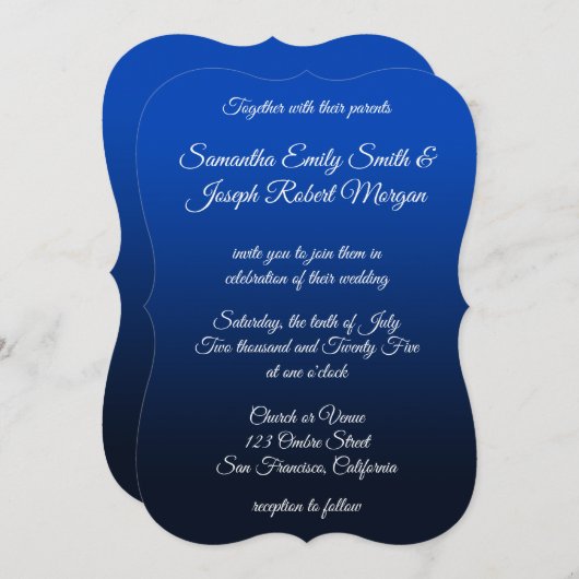 Blue Navy Ombre Elegant Calligraphy Wedding Einladung (Vorne/Hinten)