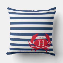 Blue Navy Red Crab Nautical Modern Stripes Outdoor Kissen