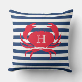 Blue Navy Red Crab Nautical Modern Stripes Outdoor Kissen