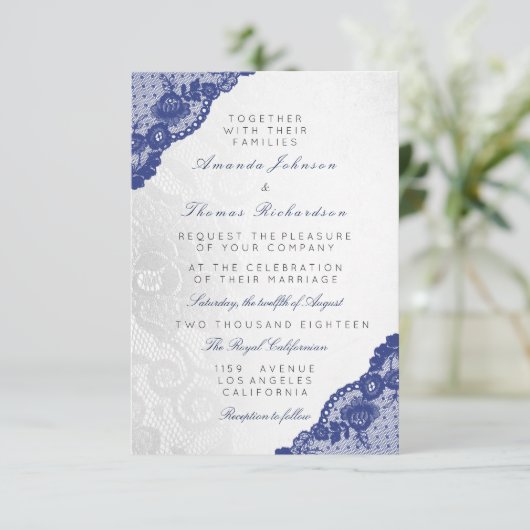 Blue Navy Silver Gray Lace Wedding Delicate Einladung (Stehend Vorderseite)