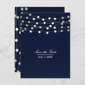 Blue Navy String Lights Moderne Eleganz Save the D Ankündigungspostkarte (Vorne/Hinten)