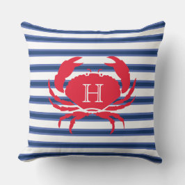 Blue Navy White Crab Nautical Modern Strips O Kissen