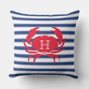 Blue Navy White Crab Nautical Modern Strips O Kissen