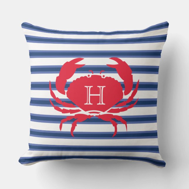 Blue Navy White Crab Nautical Modern Strips O Kissen (Vorderseite)