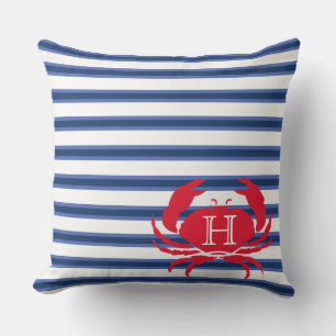 Blue Navy White Crab Nautical Modern Strips O Kissen
