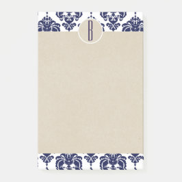 Blue Navy White Glam Damask Kraft Monogram Initial Post-it Klebezettel
