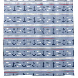 Blue Navy White Nautical Anchors Duschvorhang