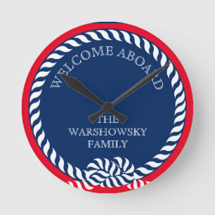 Blue Navy White Red Nautical Monogram Stripe  Runde Wanduhr