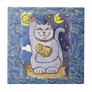 Blue Neko mit Buddha auf Goldkissen Fliese