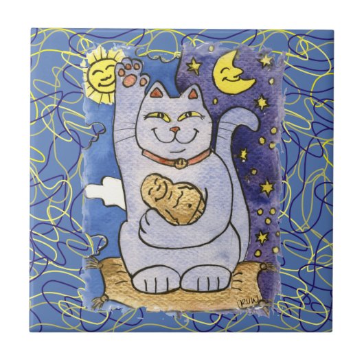 Blue Neko mit Buddha auf Goldkissen Fliese (Vorderseite)