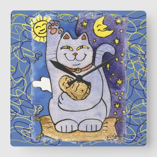 Blue Neko with Buddha on Gold Pillow Quadratische Wanduhr (Vorderseite)