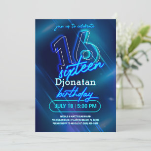 Blue Neon 16. Geburtstagsparty Einladungskarte Einladung