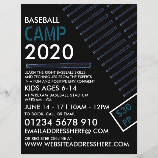 Blue Neon Baseball Bat, Baseball Camp Werbung Flyer (Vorne)