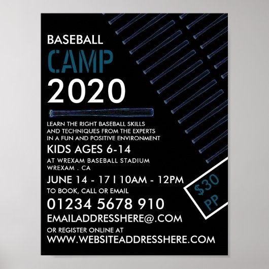 Blue Neon Baseball Bat, Baseball Camp Werbung Poster (Vorne)
