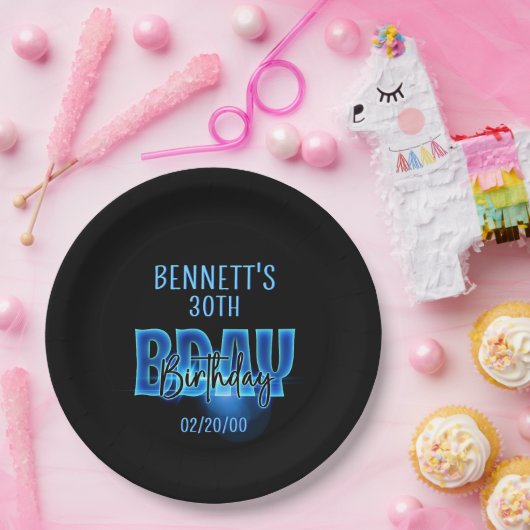 Blue Neon Birthday Pappteller (Party)