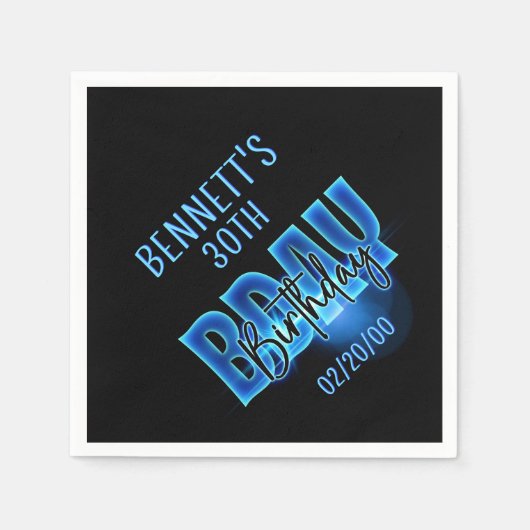 Blue Neon Birthday Serviette (Vorderseite)