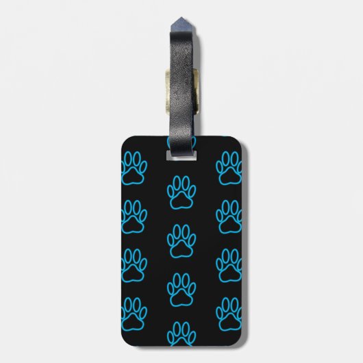 Blue Neon Dog Paw Print auf schwarz Gepäckanhänger (Rückseite vertikal)