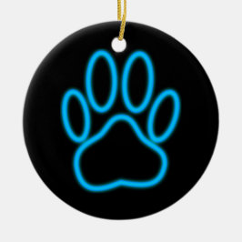 Blue Neon Dog Paw Print Keramik Ornament