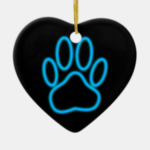 Blue Neon Dog Paw Print Keramikornament