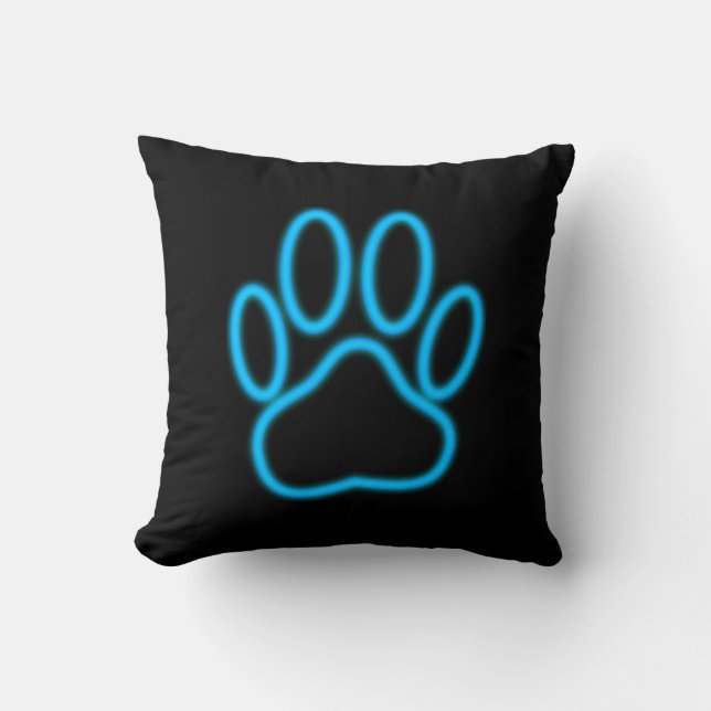 Blue Neon Dog Paw Print Kissen (Vorderseite)
