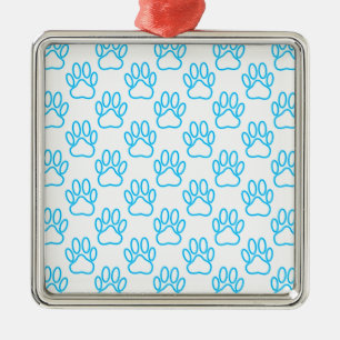 Blue Neon Dog Paw Print Pattern Ornament Aus Metall