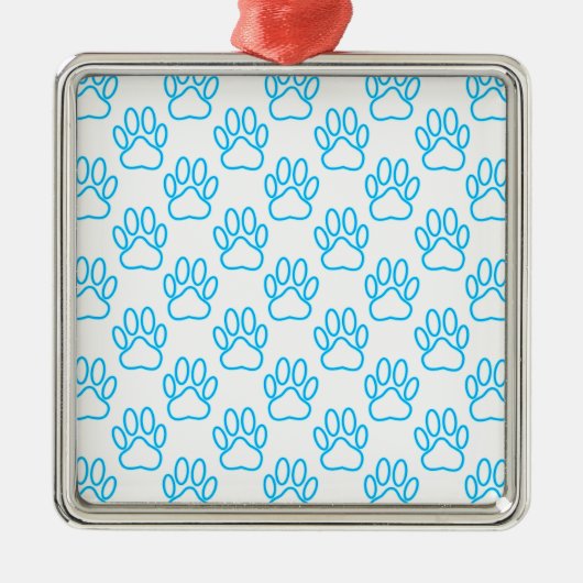 Blue Neon Dog Paw Print Pattern Ornament Aus Metall (Vorne)