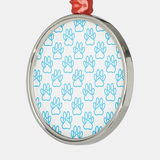 Blue Neon Dog Paw Print Pattern Ornament Aus Metall (Links)