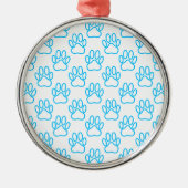Blue Neon Dog Paw Print Pattern Ornament Aus Metall (Vorne)