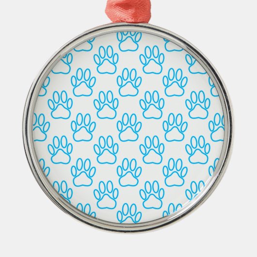 Blue Neon Dog Paw Print Pattern Ornament Aus Metall (Vorne)