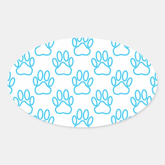 Blue Neon Dog Paw Print Pattern Ovaler Aufkleber (Vorderseite)