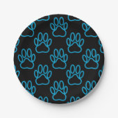 Blue Neon Dog Paw Print Pattern Pappteller (Vorderseite)