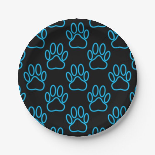 Blue Neon Dog Paw Print Pattern Pappteller (Vorderseite)