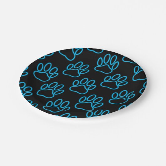 Blue Neon Dog Paw Print Pattern Pappteller (Schrägansicht)