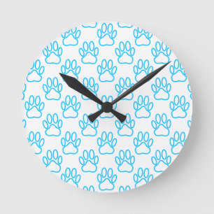 Blue Neon Dog Paw Print Pattern Runde Wanduhr