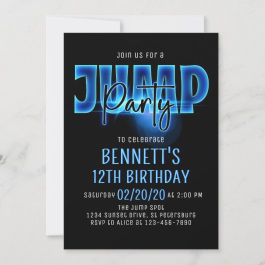 Blue Neon Jump Party Geburtstag Einladung (Vorderseite)