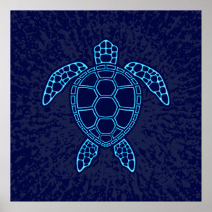 Blue Neon Lava Sea Turtle Symmetrisches Design Poster