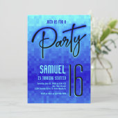 Blue Neon Pixel Teen Birthday Einladung (Stehend Vorderseite)